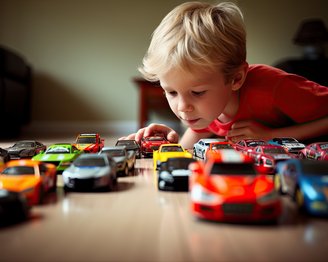 kleiner Junge spielt mit Spielzeugautos